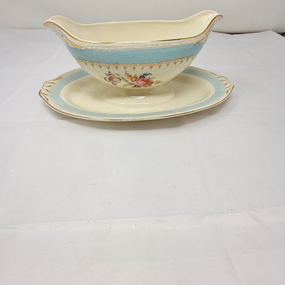 Homer Laughlin Eggshell Georgian Gravy Boat Attached Underplate Floral Blue Gold